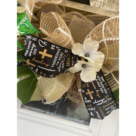 Wooden Christian He is Risen From the Tomb Sign Deco Mesh Ribbon Easter wreath - Picture 4 of 10